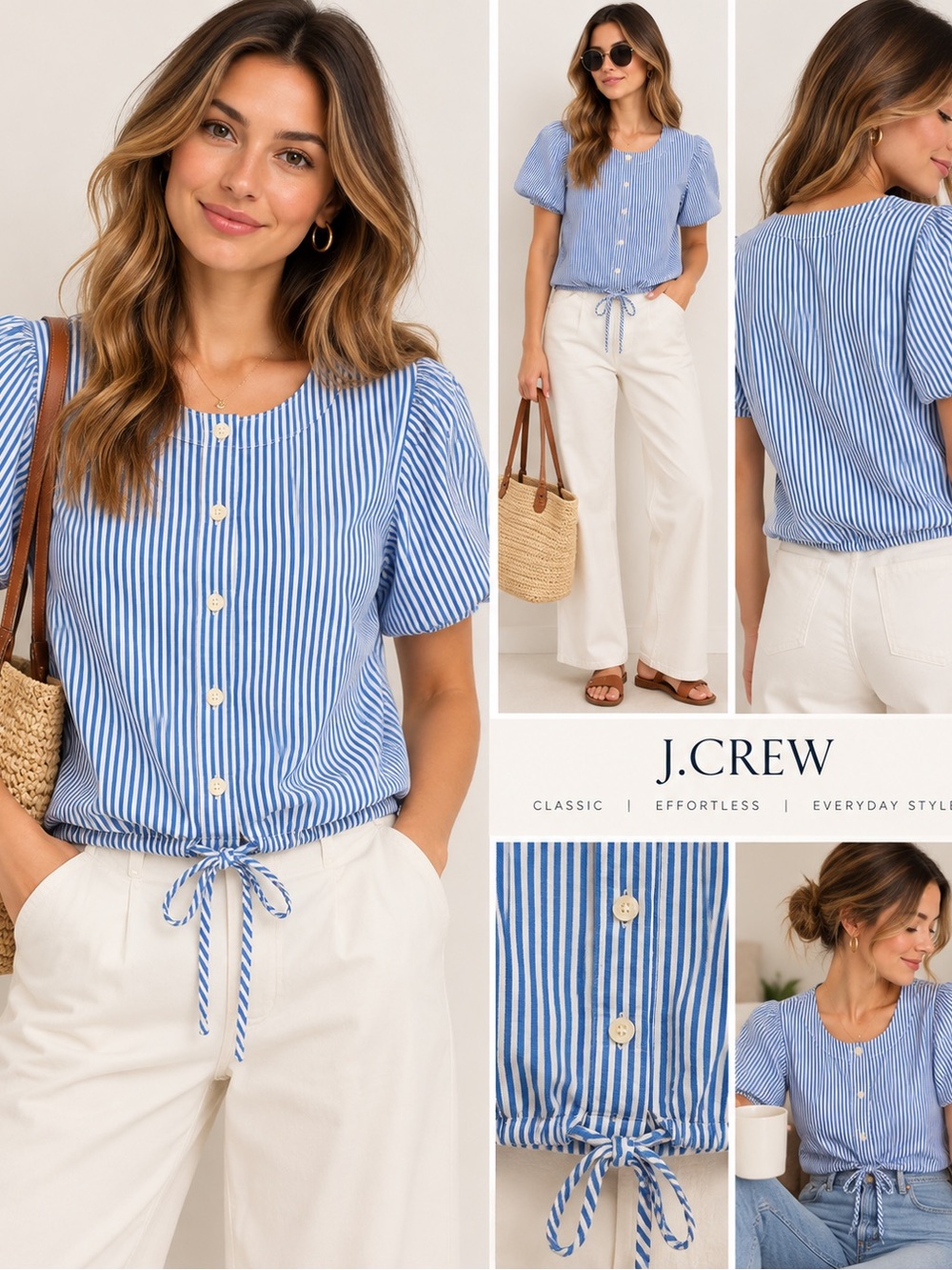 J. Crew Blue and White Striped Button-Front Tie-Hem Top